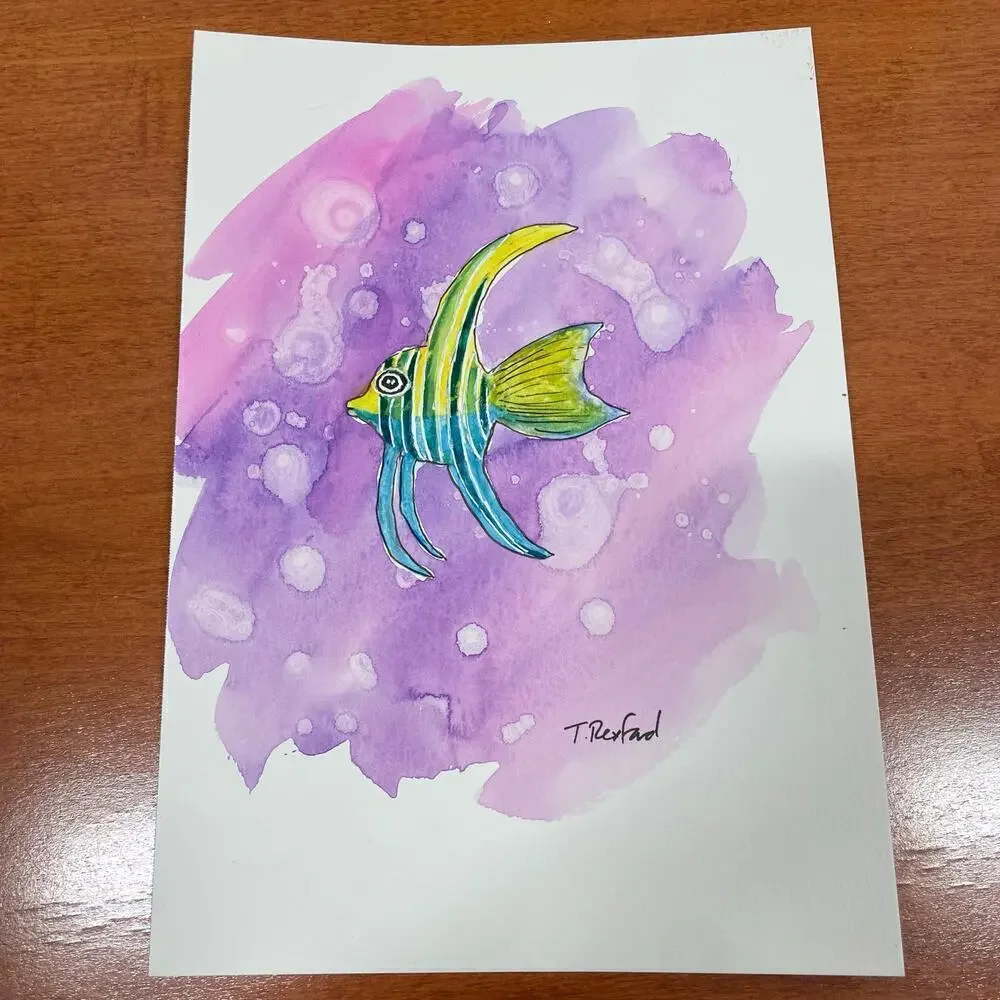 Hand painted watercolor original painting angel fish 10x7”